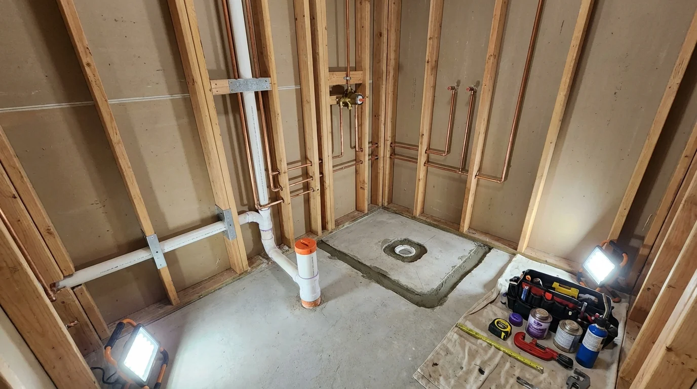 Bathroom rough-in plumbing during remodel by Johns Plumbing LLC in Midway City