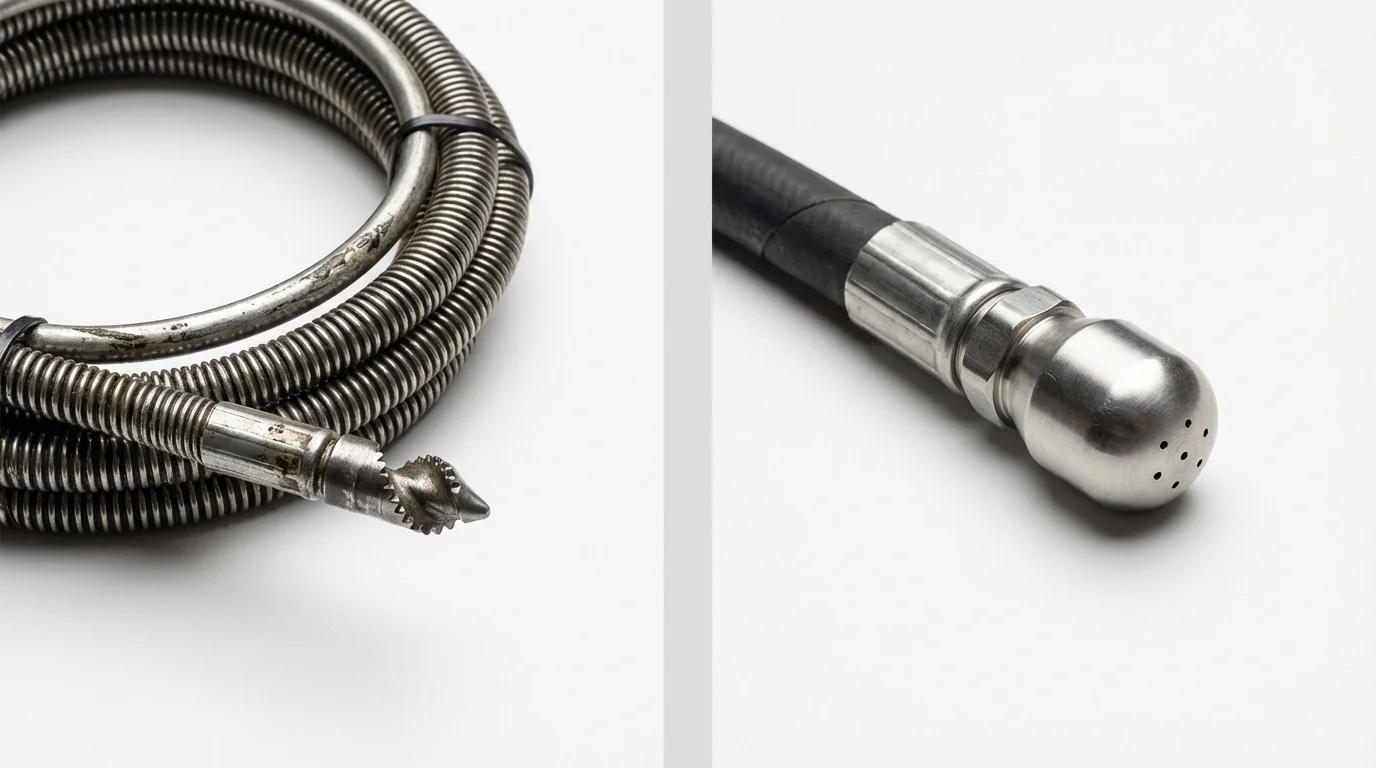 Drain snake cable and hydro jetting nozzle used for drain cleaning in Midway City, CA
