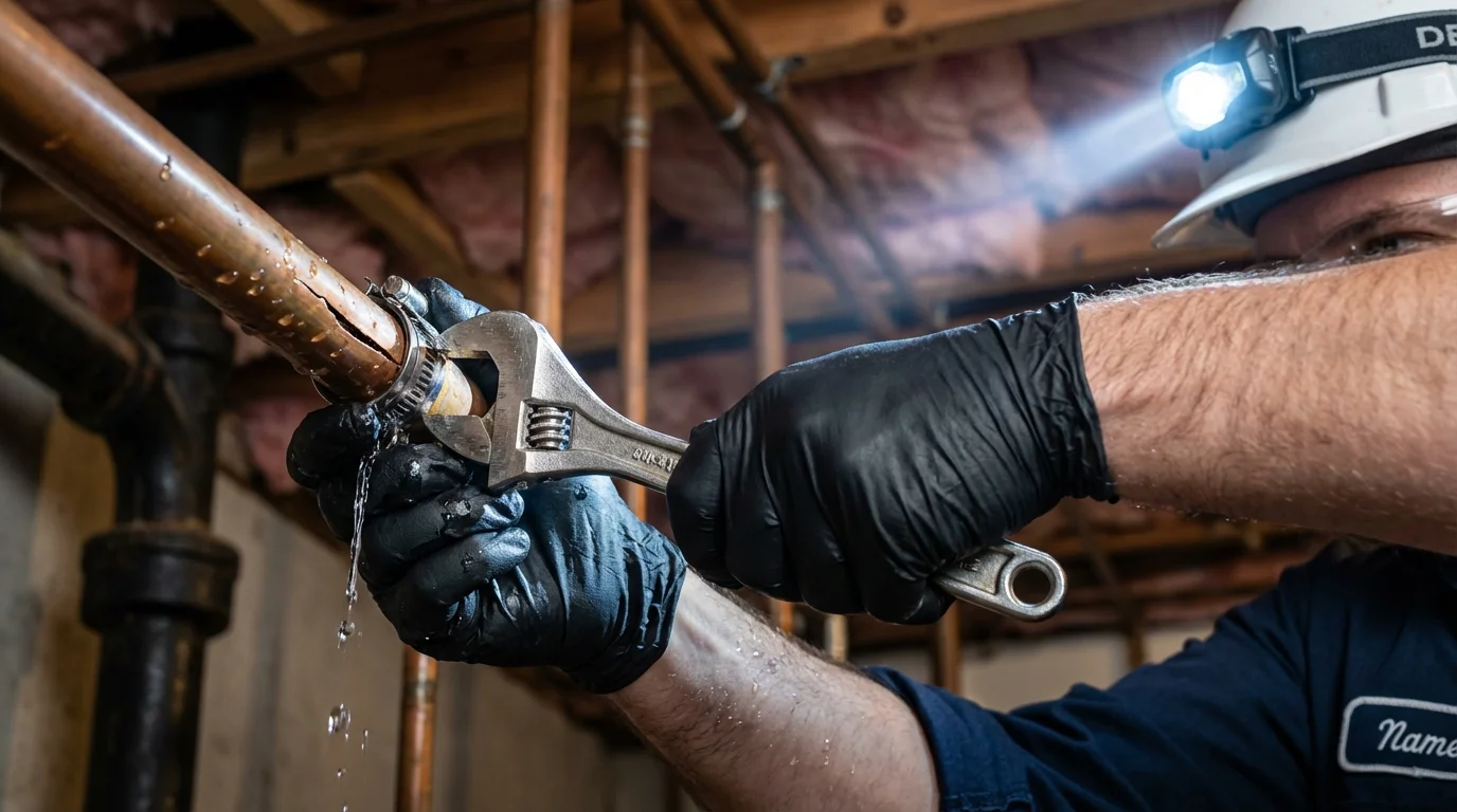 Emergency pipe clamp repair being performed by a Johns Plumbing LLC plumber in Midway City