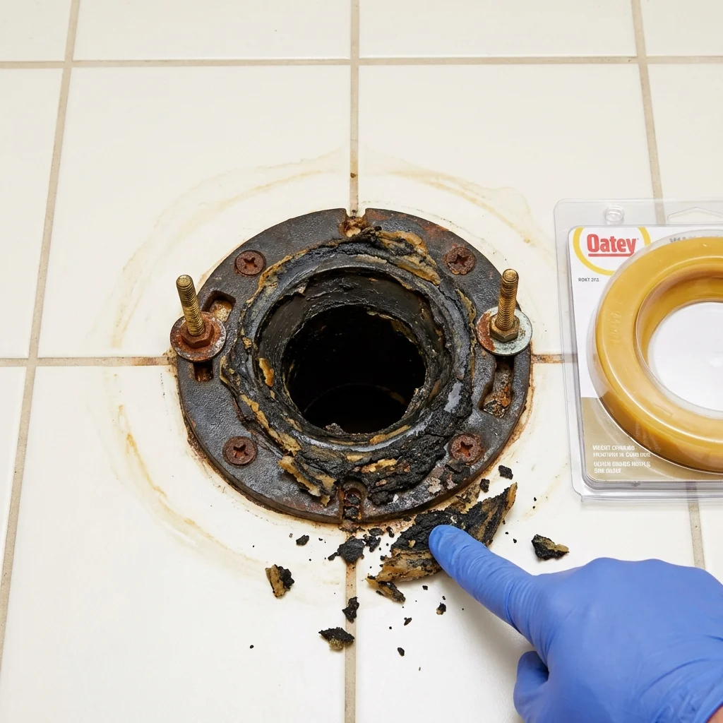 Failed wax ring showing water seepage at the base of a toilet in a Midway City, CA home