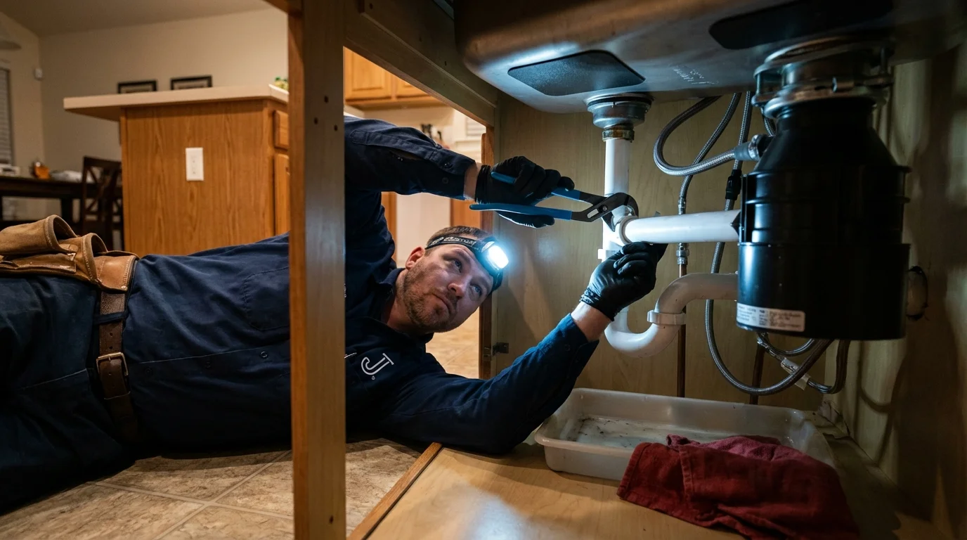 P-trap and supply line connections under a kitchen sink showing a common leak point in Midway City, CA